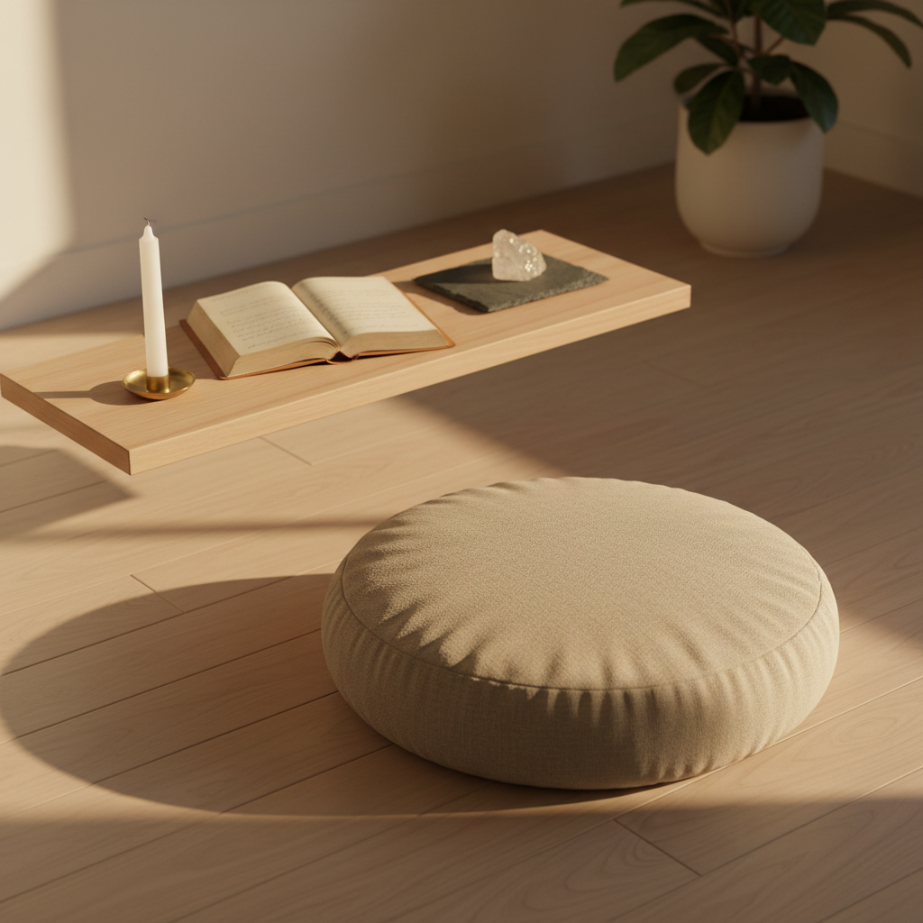 A serene, minimalist meditation corner featuring a low, round, natural linen cushion resting on a smooth light-wood floor, symbolizing the space where one reconnects with inner truth. Behind it, a simple altar shelf holds a single white candle, an open, weathered journal, and a small crystal resting on a dark slate slab. Soft late-afternoon sunlight streams through an unseen window, casting warm, elongated shadows and subtle highlights on the textures of fabric and wood. The mood is sophisticated, quiet, and intentional. Captured in photographic realism from a slightly elevated angle with balanced composition and generous negative space, the background fades into a creamy blur, drawing attention to the simplicity and sacredness of the scene.