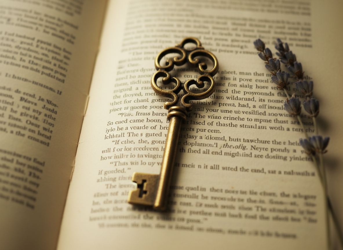 An antique brass key with intricate filigree details lies atop an open, slightly yellowed page of a vintage book, suggesting the unlocking of inner wisdom. The key’s worn edges catch soft, diffused window light, creating a subtle metallic sheen. Around it, the text on the page is just out of focus, hinting at forgotten stories and deeper truths. A sprig of dried lavender rests near the spine, adding muted purple tones and organic texture. Photographic realism, captured from a close-up, top-down perspective with shallow depth of field, keeps the key in razor-sharp focus while the words and surroundings melt into a gentle blur. The atmosphere is introspective, refined, and quietly powerful, evoking the process of remembering what has always been known.