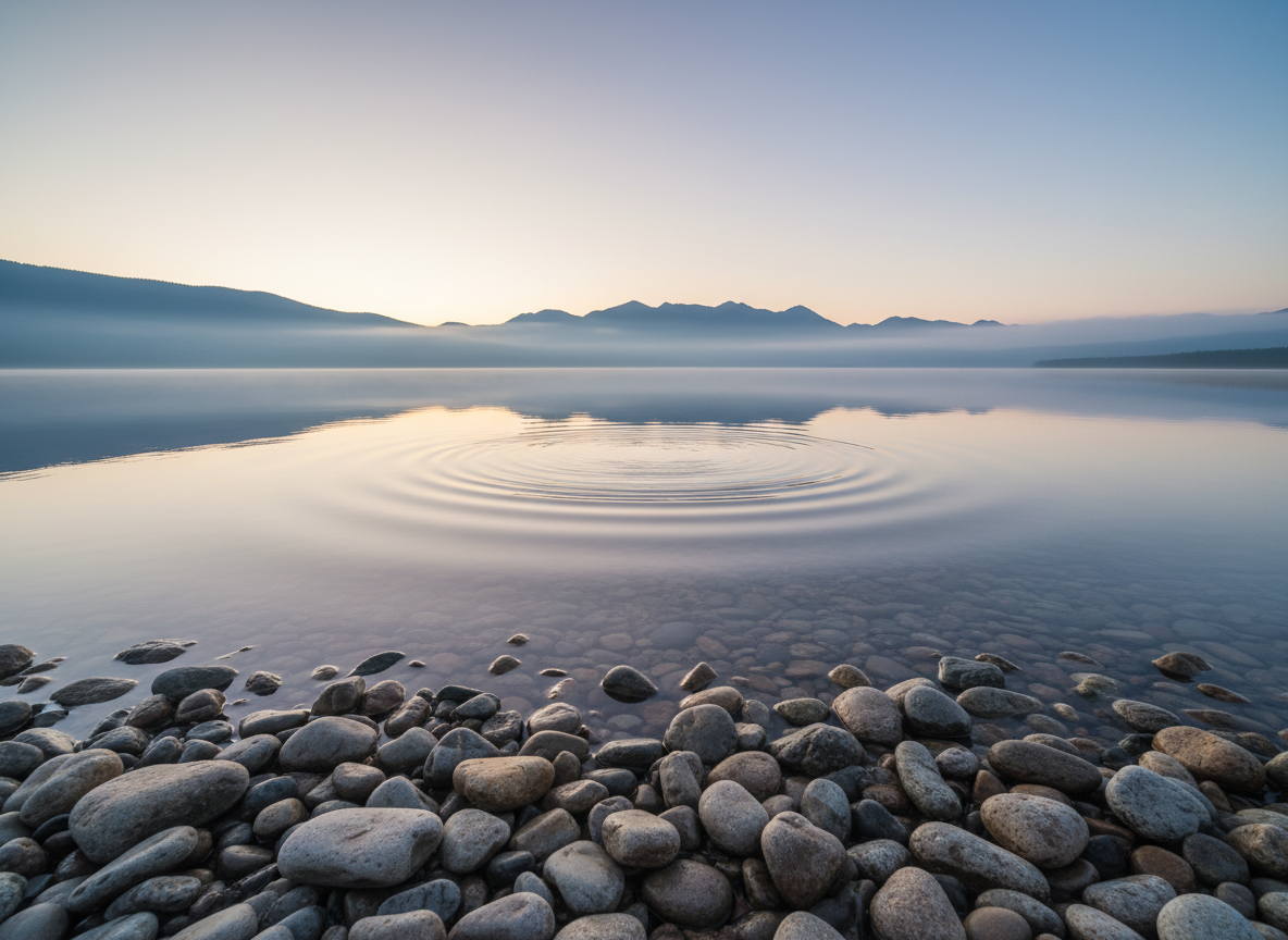 A calm, mirror-still lake at dawn reflects a mountain range shrouded in soft mist, representing clarity emerging from inner stillness. The shoreline in the foreground features smooth river stones in cool grays and soft browns, their surfaces subtly slick with moisture. Gentle pastel hues of early morning—pale gold, lavender, and muted blue—infuse the sky and water. The only disturbance on the glassy surface is a single, expanding ripple at the center, as if from a dropped pebble of awareness. Photographic realism, shot from a low, wide-angle perspective with the horizon placed lower in the frame, emphasizing the spacious sky. The mood is serene, expansive, and contemplative, with crisp details in the foreground stones and a gentle atmospheric haze over the distant peaks.